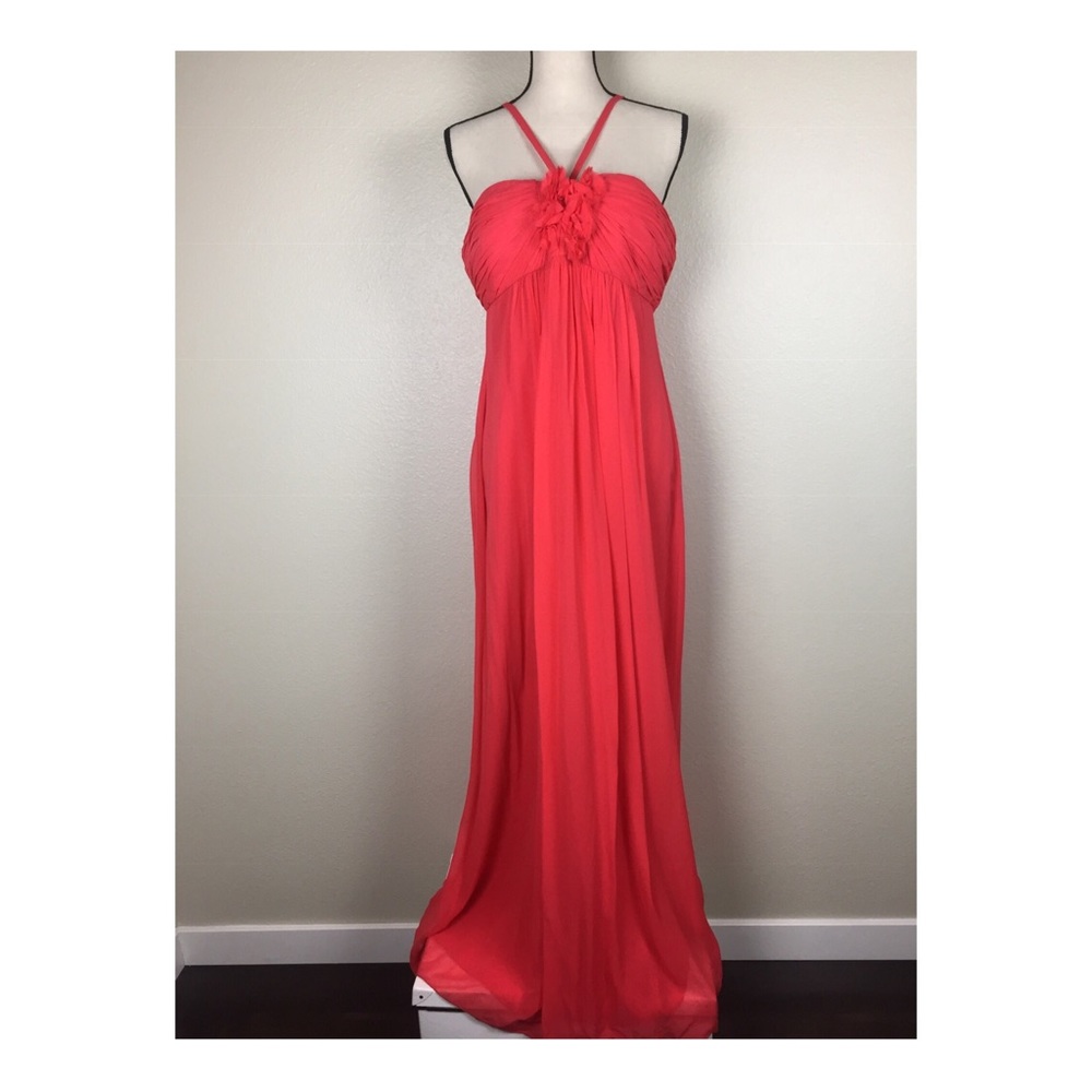 BCBG Coral Orange Semi-Strapless Flowy Gown